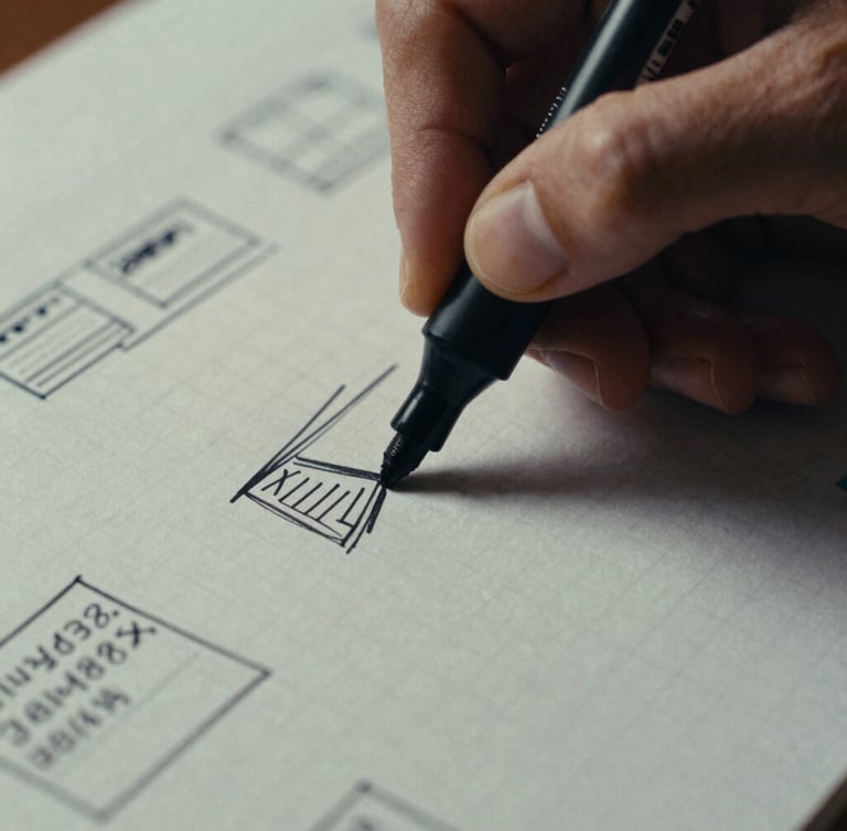 Extreme close-up of a designer's hand sketching ad layouts with a thick black marker on grid paper, harsh studio lighting, desaturated tones, 35mm film grain.