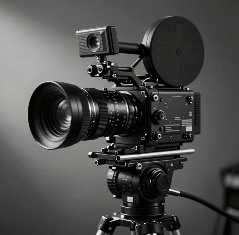 Editorial black and white portrait of a high-end cinema camera rigged with anamorphic lens and follow-focus, low-key dramatic chiaroscuro lighting, studio setting with soft haze.