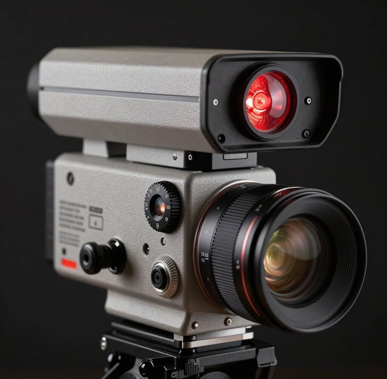 Close-up of a high-end broadcast camera lens, red tally light glowing, technical dials in sharp focus, dark studio background, cinematic lighting