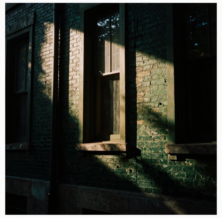 Moody editorial photography, tight architectural crop of a historic Georgetown brick facade with deep shadows, low-key side-lighting, 35mm film style