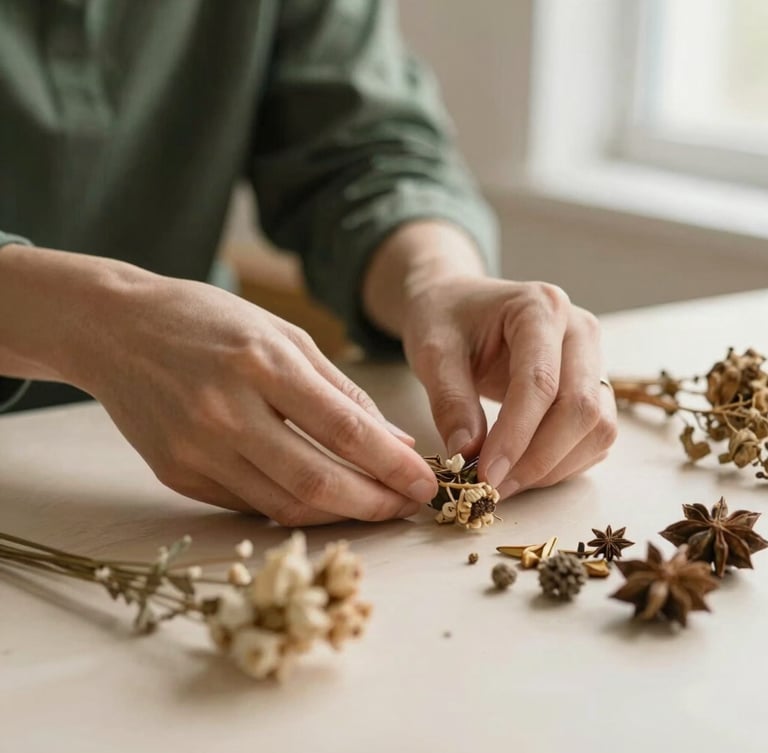 Portrait shot of hands gently arranging dried botanicals in a warm, softly lit studio, focus on texture and quiet concentration, shallow depth of field.