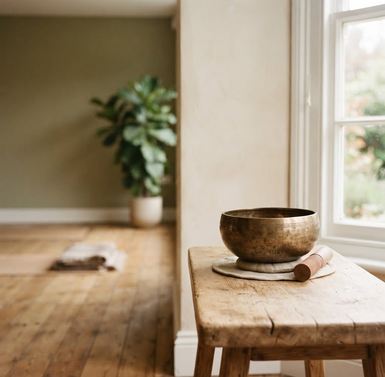 Serene, softly lit wellness studio interior, warm ambient glow, a single sound bowl on a wooden table to the right, expansive negative space to the left.