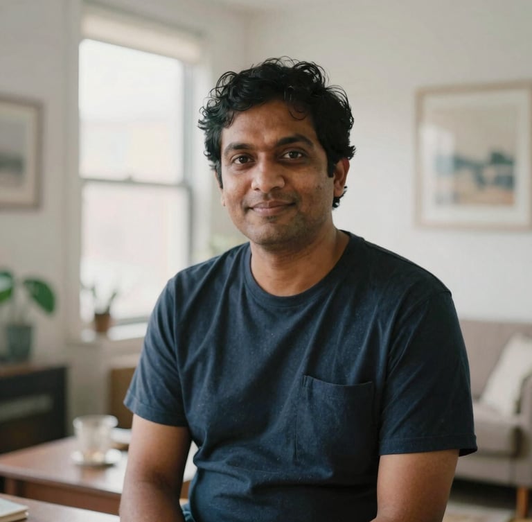 A thoughtful environmental portrait of a South Asian writer in a sunlit Brooklyn apartment, soft morning light, 35mm lens, natural depth of field