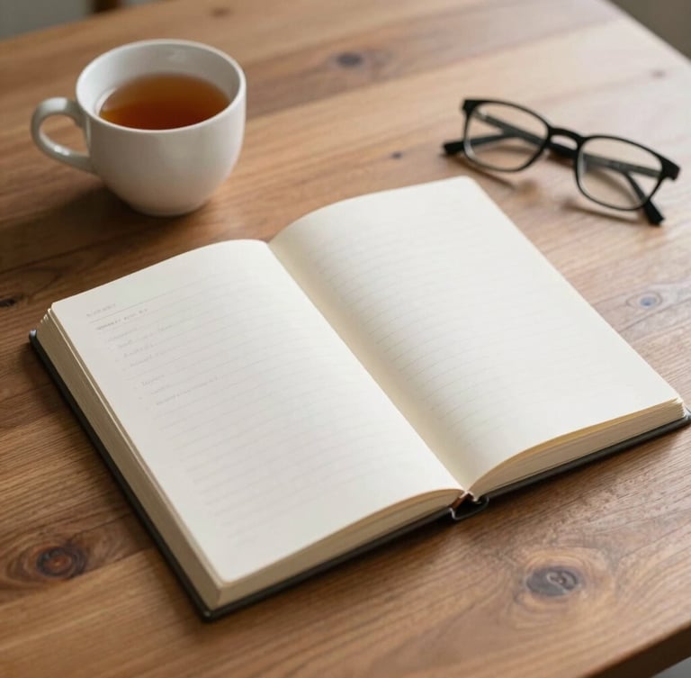Soft morning daylight shining on a wooden table with a printed journal, a ceramic cup of tea, and a pair of glasses, realistic editorial photography, 35mm lens