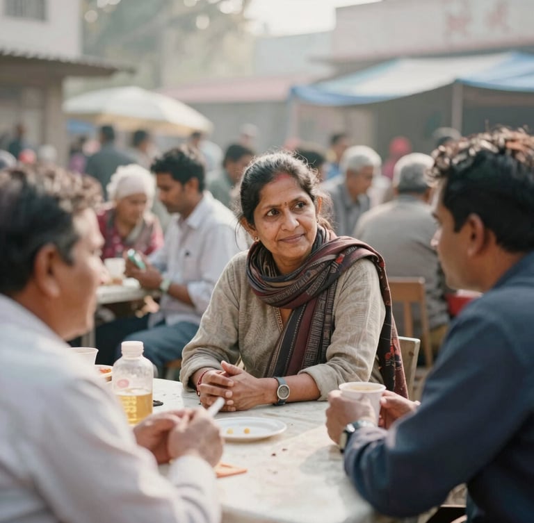 A candid, warm environmental photograph of South Asian community members talking at an outdoor market table, soft morning daylight, natural documentary style, 35mm lens.