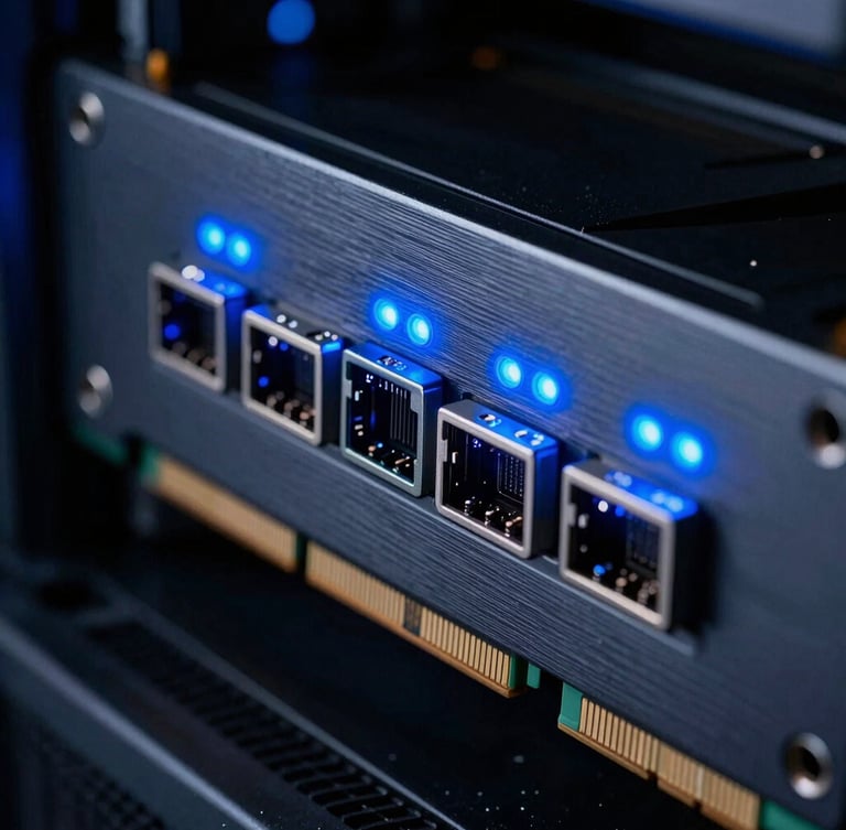 Extreme close-up macro shot of Nvidia GPU accelerator ports, glowing electric-blue indicator lights, brushed obsidian metal chassis, moody studio lighting
