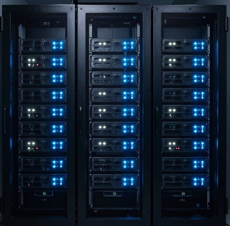 Symmetrical wide-angle shot of high-density server racks in a dark Singapore data center, glowing neon blue and cool white status LEDs, brushed metal textures, 35mm photography