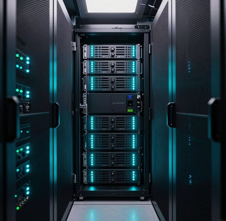 Symmetrical wide-angle shot of a dark server room corridor in Singapore, glowing neon-cyan LED indicators on rack-mounted hardware, cool white accent lighting reflecting off brushed metal surfaces, 35mm