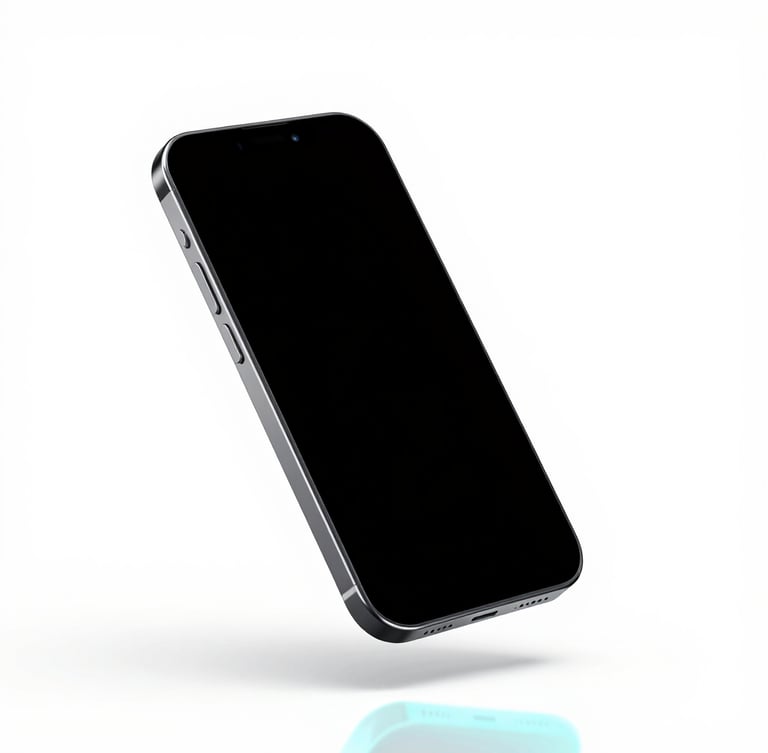 Minimalist 3D render of a sleek floating smartphone, bright high-key studio lighting, clean white background, subtle neon cyan reflections, sharp focus, octane render