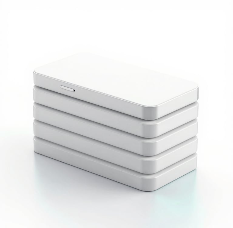 minimalist 3d render of stacked sleek smartphone boxes, bright high-key studio lighting, clean white background, subtle cyan reflections, octane render