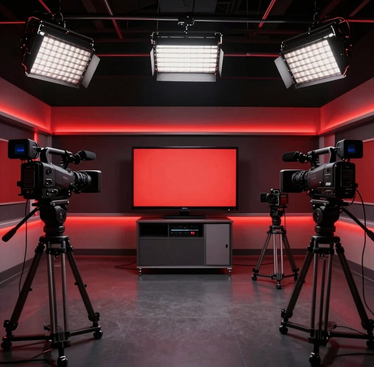 Wide shot of a modern television and radio studio with multiple video cameras on tripods, professional lighting grids on the ceiling, glowing red neon accent walls, 35mm