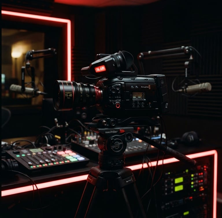 Moody studio broadcast camera with red neon accent lighting, high contrast, deep blacks, professional radio gear, 35mm