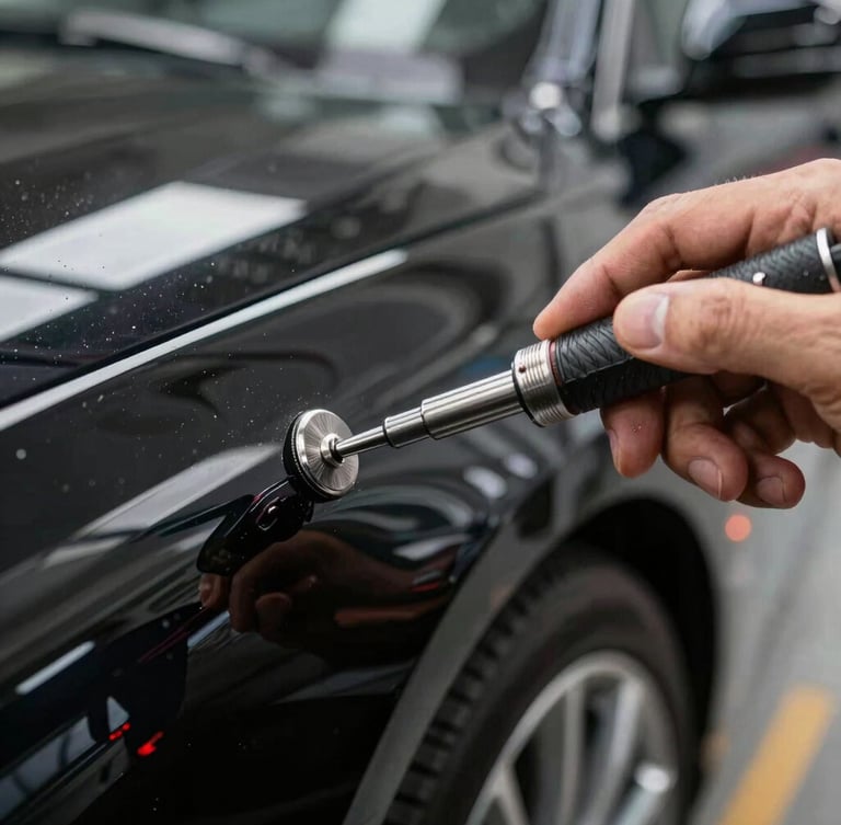 Extreme close-up of a master technician's hand holding a highly polished steel PDR tool, adjusting the back of a luxury car panel under sharp LED line reflections.