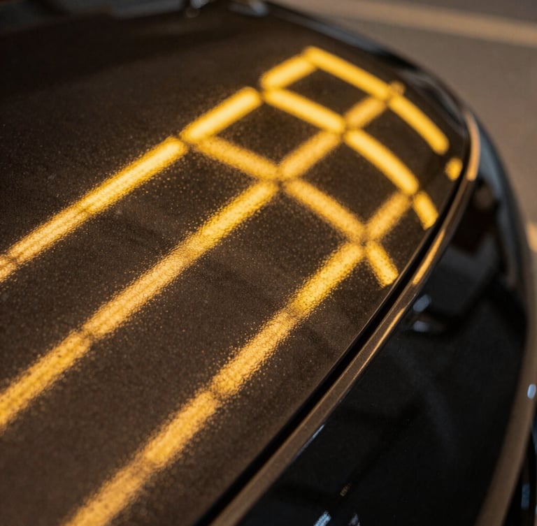 Extreme close-up of a flawless black car panel curve reflecting sharp, parallel yellow LED light-board lines with absolute straightness, showing perfect orange peel texture.