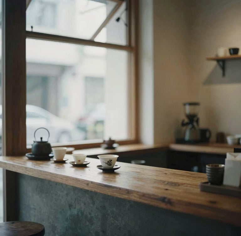 A quiet, desaturated environmental photograph of a local tea shop counter, soft natural overcast daylight filtering through a window, subtle film grain, minimalist aesthetic