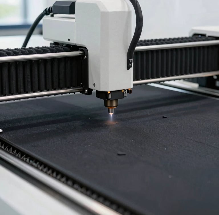 Close-up of a laser cutting machine precisely cutting a dark automotive mat, clean industrial setting, high detail, soft natural daylight
