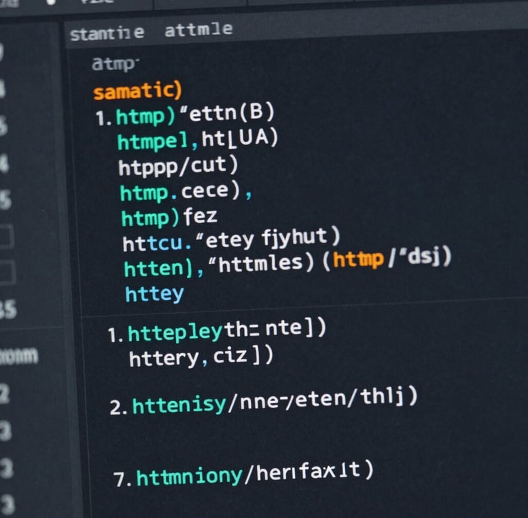 Macro shot of clean code editor displaying semantic HTML structure, cool studio lighting, deep slate tones, electric teal highlights, sharp focus