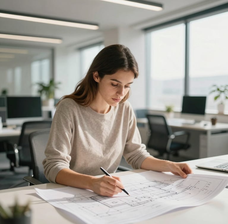 Rebecca Robla reviewing architectural blueprints in a modern office, focused, natural daylight, soft corporate tones, 35mm