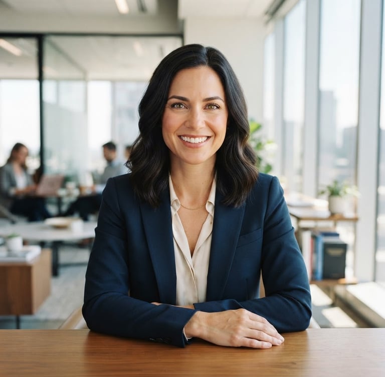 Professional portrait of Rebecca Robla in a modern, bright office, smiling confidently, natural daylight, 35mm