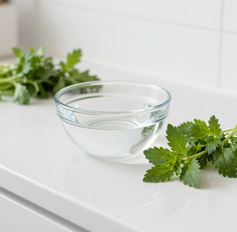 Bright high-key kitchen countertop with fresh herbs and a clean glass bowl of water, soft natural light, 50mm lens