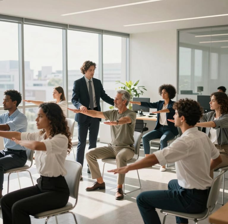 Wide environmental shot of a modern, sunlit corporate office in Brazil. A professional instructor gently guides a group of diverse office workers in elegant business casual attire through a physical alignment exercise. Soft natural window light, clean workspace background.
