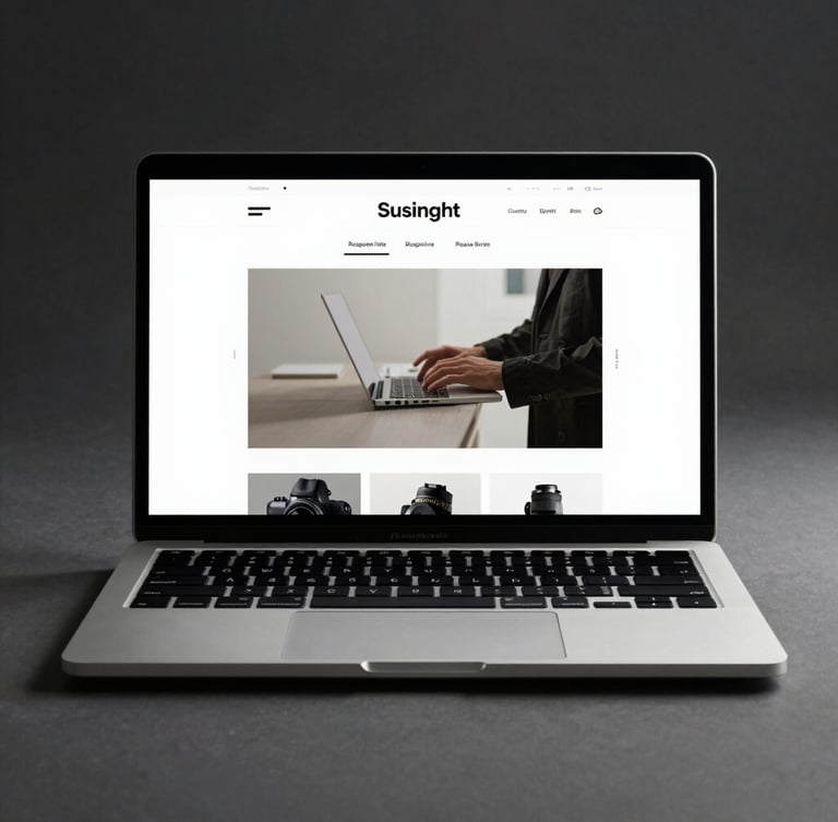 Straight-on clean mockup of a responsive business website displayed on a sleek modern laptop, high contrast, crisp studio lighting, deep shadows.