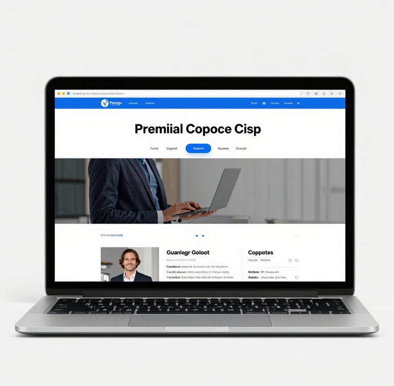 Crisp straight-on mockup of a premium corporate homepage displayed on a modern laptop screen, electric blue UI accents, clean white background.