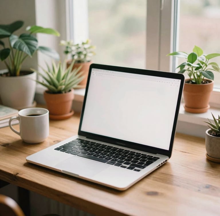 Warm editorial photography of a clean preowned laptop on a wooden desk surrounded by potted plants, a ceramic coffee mug, soft morning window light, 35mm film look