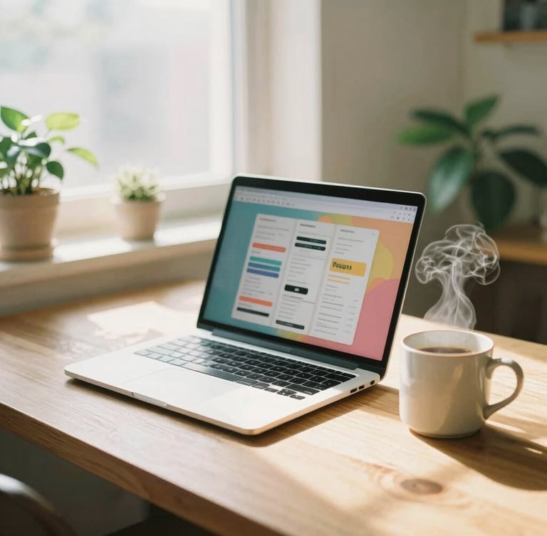 A warm, sunlit wooden desk with a laptop displaying a colorful digital flyer, a ceramic mug with steam rising, potted green plants, diffused morning light, 35mm film look.