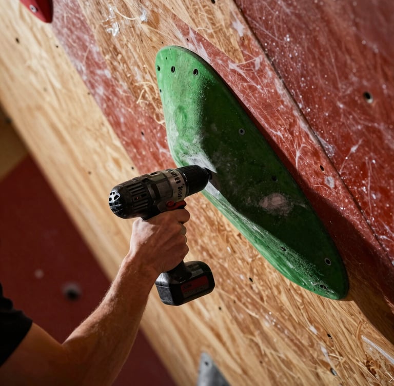A professional routesetter using an impact driver to bolt a large green Padoo sloper onto a steep plywood climbing wall, dramatic side-lighting, macro detail