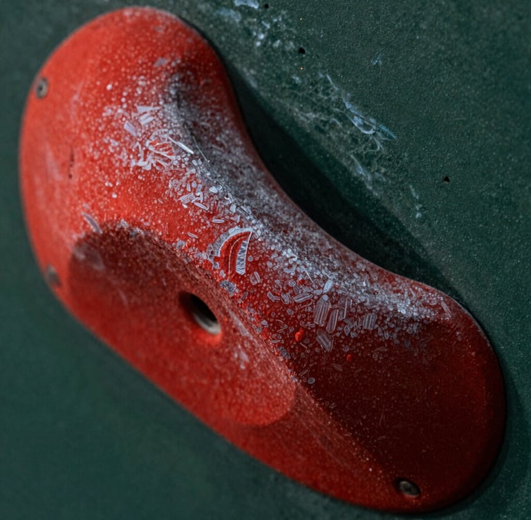 Macro shot of raw crimson polyurethane climbing holds, dramatic side-lighting highlighting the high-friction tactile texture and dual-texture boundary, 35mm