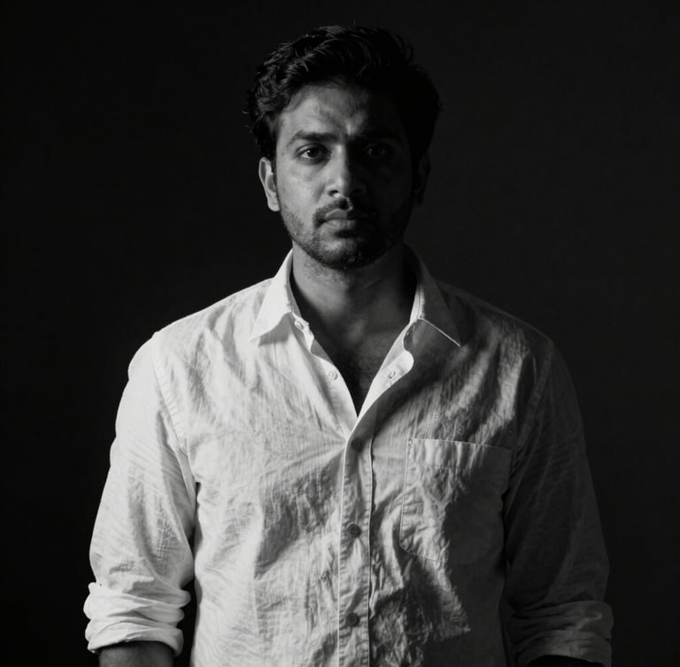 High-contrast black and white portrait of director Nishad Raj Rana on a dark film set, soft directional key light, deep shadows, cinematic anamorphic framing