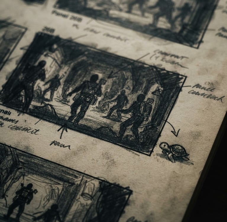 Moody cinematic film production still, extreme close-up of a director's hand-drawn storyboard with a tiny whimsical turtle sketched in the margin, low-key dramatic lighting, deep shadows, ivory tones