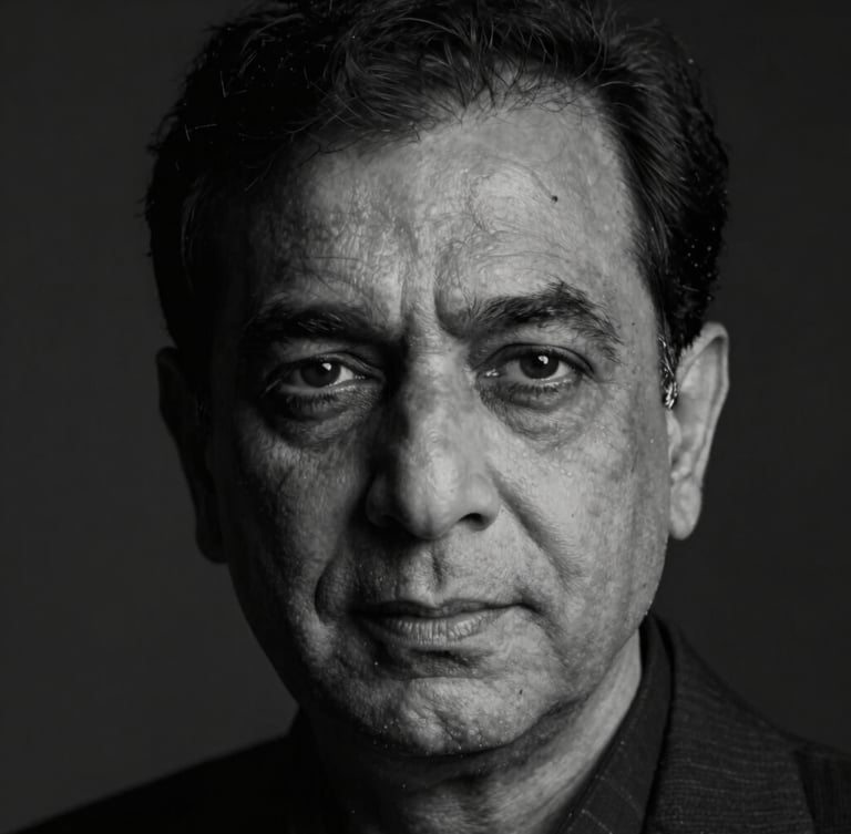 High-contrast black and white close-up of film producer Narendra Jetley, moody low-key cinematic lighting, deep shadows, professional and artistic feel, anamorphic widescreen format