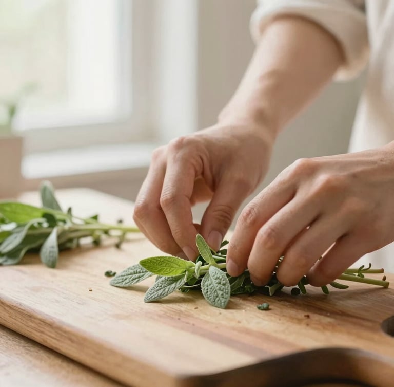 Close-up of hands preparing fresh herbs on a rustic wooden cutting board, soft diffused window light, warm cream and sage tones, shallow depth of field