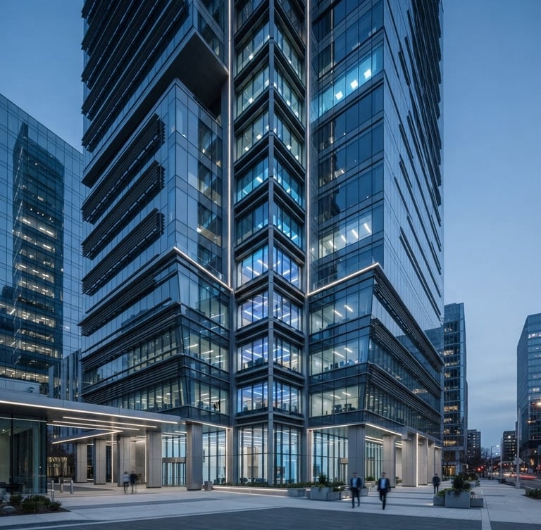 Sleek corporate photography of modern architectural lines of a high-tech office building, cool blue and slate gray tones, sharp focus, 35mm