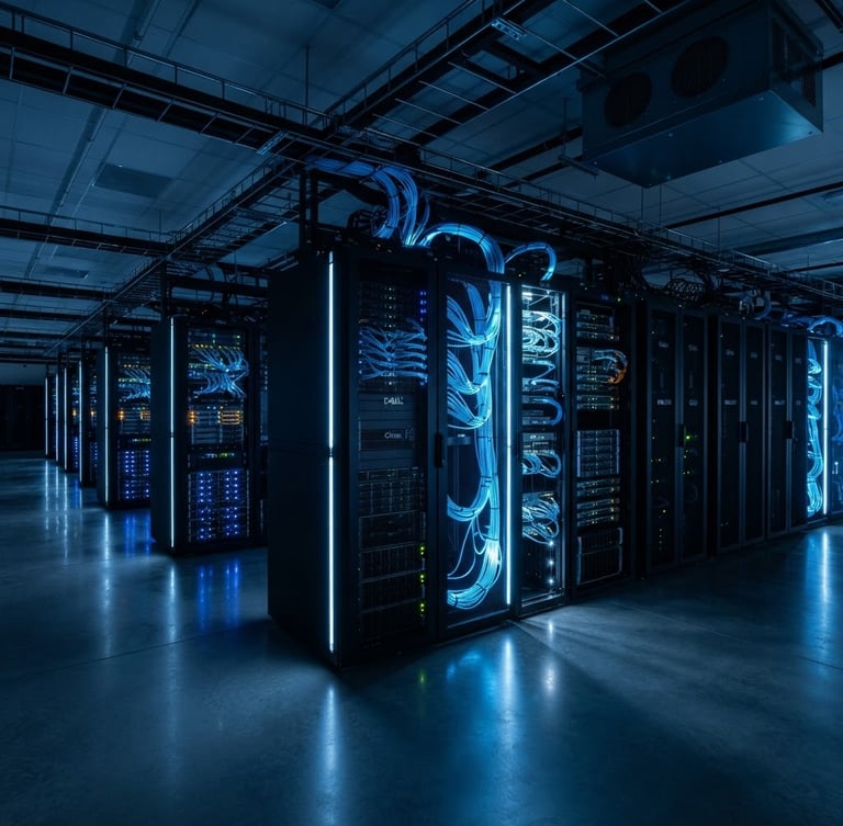 Sleek modern server room with glowing blue fiber optic cables, high contrast architectural perspective, cool blue and slate gray tones, 35mm