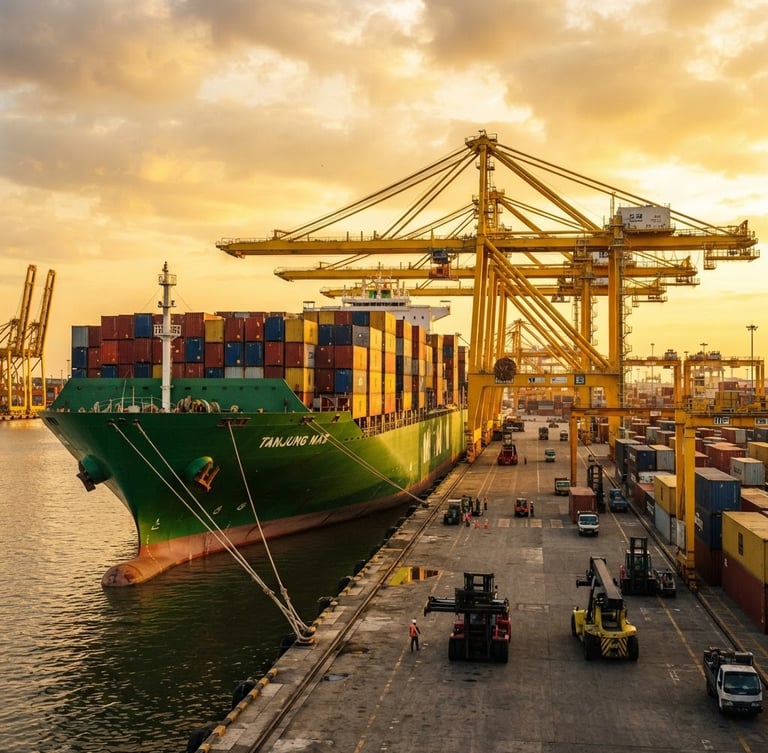 Wide low-angle shot of a green container ship docked at Tanjung Priok port during golden hour, safety yellow cranes towering in the background, high-contrast industrial light, 35mm.