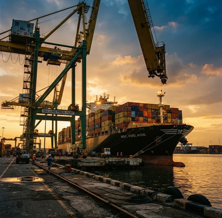 Low-angle dramatic 35mm shot of a massive container ship docked at Tanjung Priok port during golden hour, safety yellow cranes framing the scene, high-contrast industrial lighting