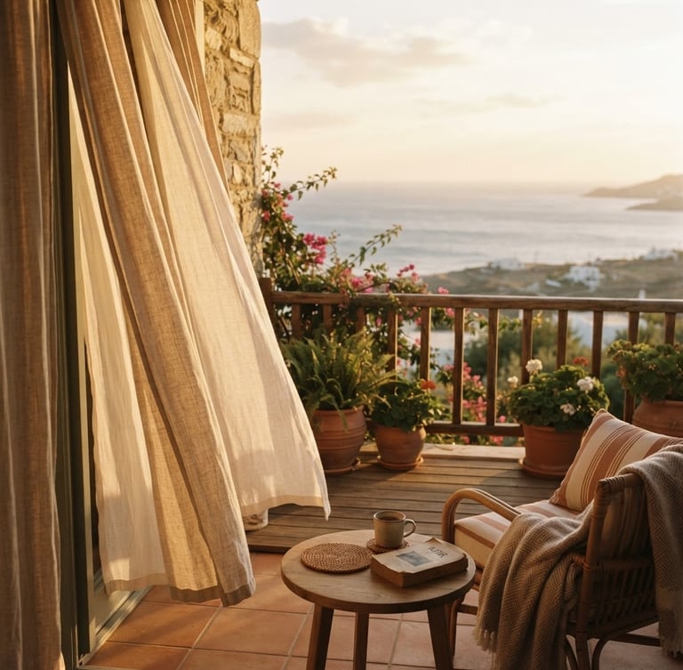 Warm golden-hour natural light spilling across a sun-drenched boutique hotel balcony, linen curtains softly blowing, ocean horizon in the soft-focus background, 35mm film aesthetic
