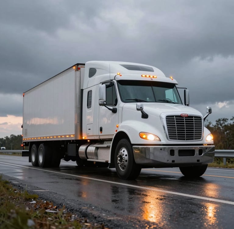 Low-angle heroic shot of a heavy-duty Class 8 commercial truck parked on an Ontario highway shoulder at dusk, active amber warning lights reflecting on wet asphalt, dramatic overcast sky.