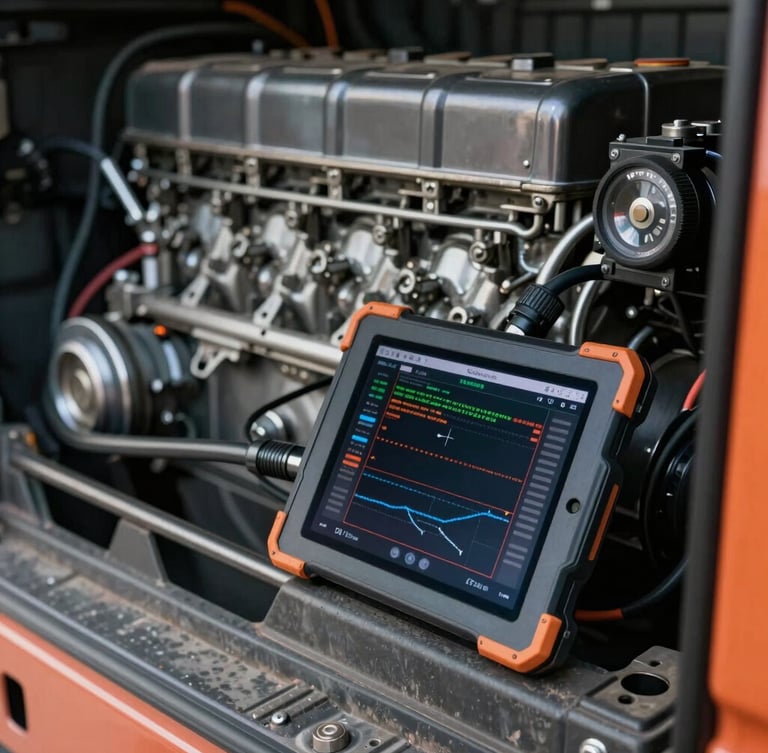 A rugged diagnostic tablet plugged into a massive diesel engine bay of a heavy truck, displaying live fault codes