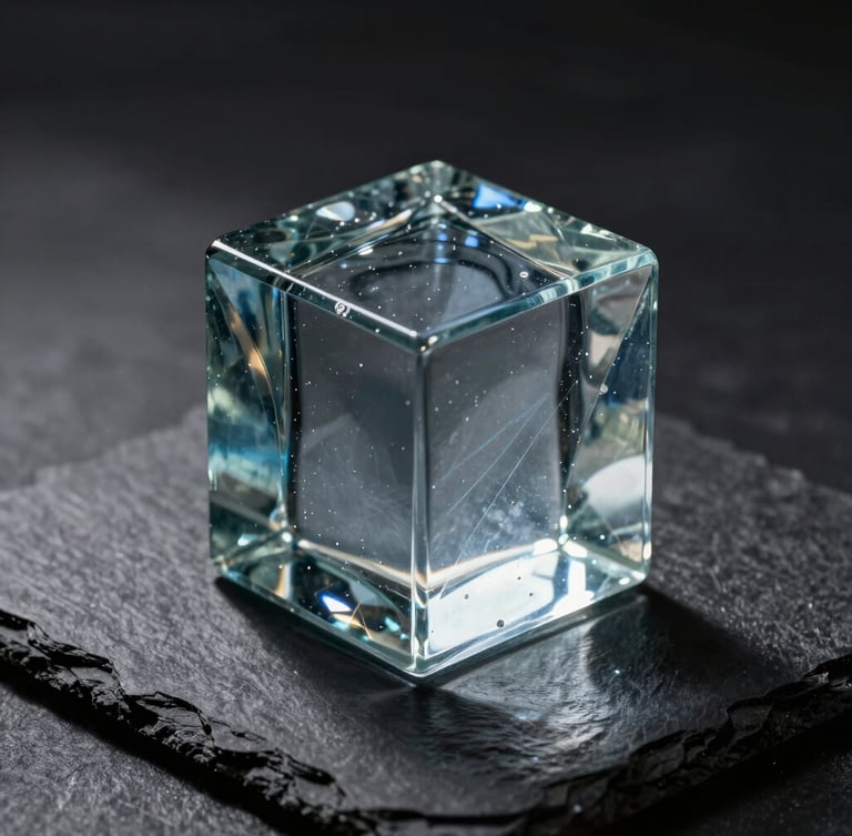 A close-up of a monolithic cast glass block, sharp light refracting through the deep blue-grey material, casting intricate caustic patterns on a dark matte slate surface, high-contrast chiaroscuro.