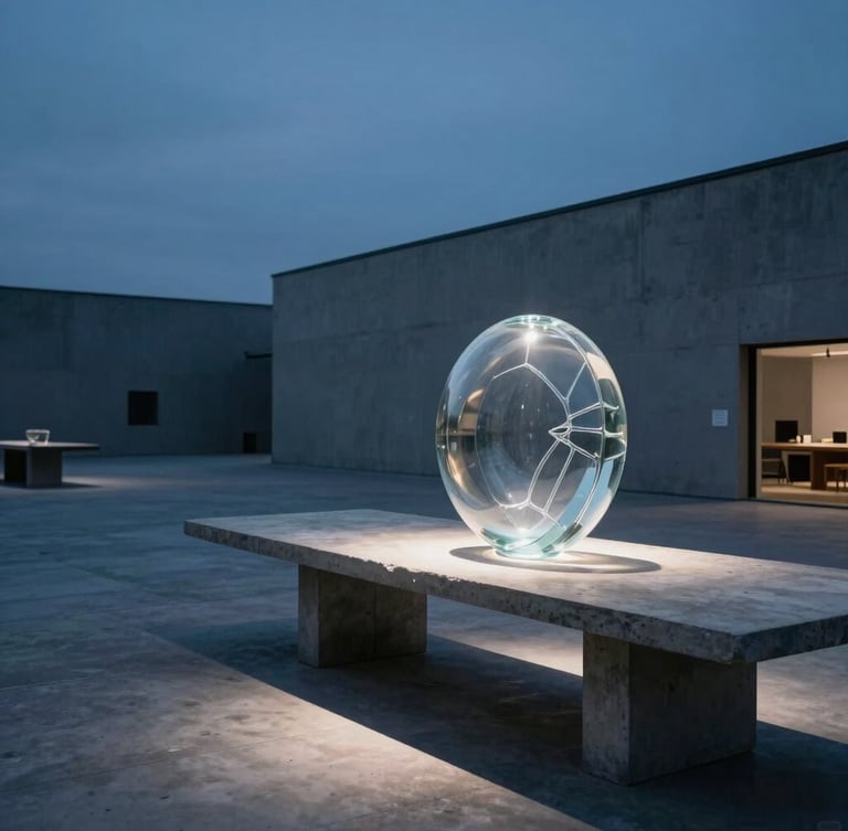 A wide, desolate Copenhagen design studio during the blue hour, a single intense beam of light illuminating a massive cast glass sculpture on a raw concrete table, expansive negative space.
