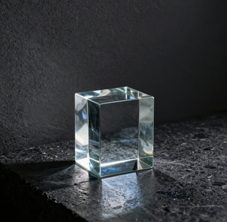 Vertical portrait composition. Sharp chiaroscuro lighting with a single, intense beam of light cutting through a dark, slate-grey room. The light refracts through a heavy, minimalist block of cast glass resting on a honed dark stone surface. Deep ink-like shadows, soft blue-hour reflections, extreme close-up focusing on raw material texture and form.