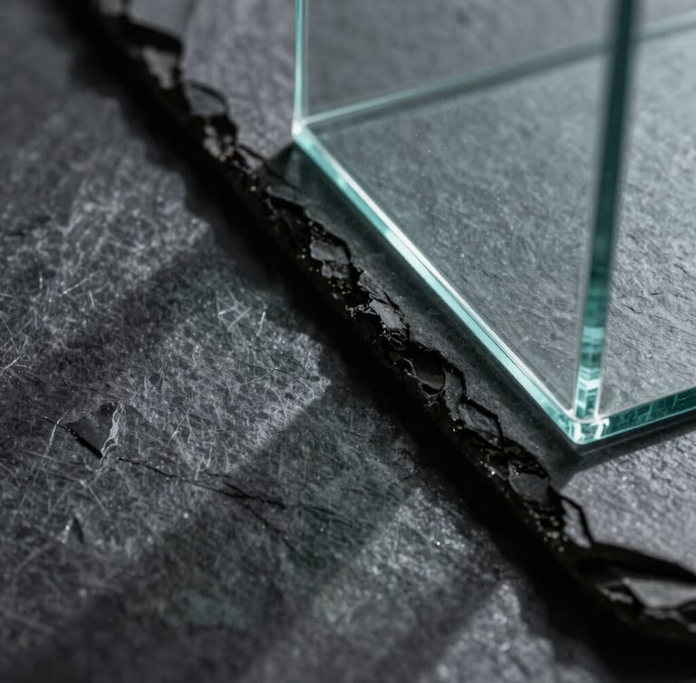 Extreme close-up of honed slate intersecting with polished glass, sharp chiaroscuro lighting, deep mysterious shadows.