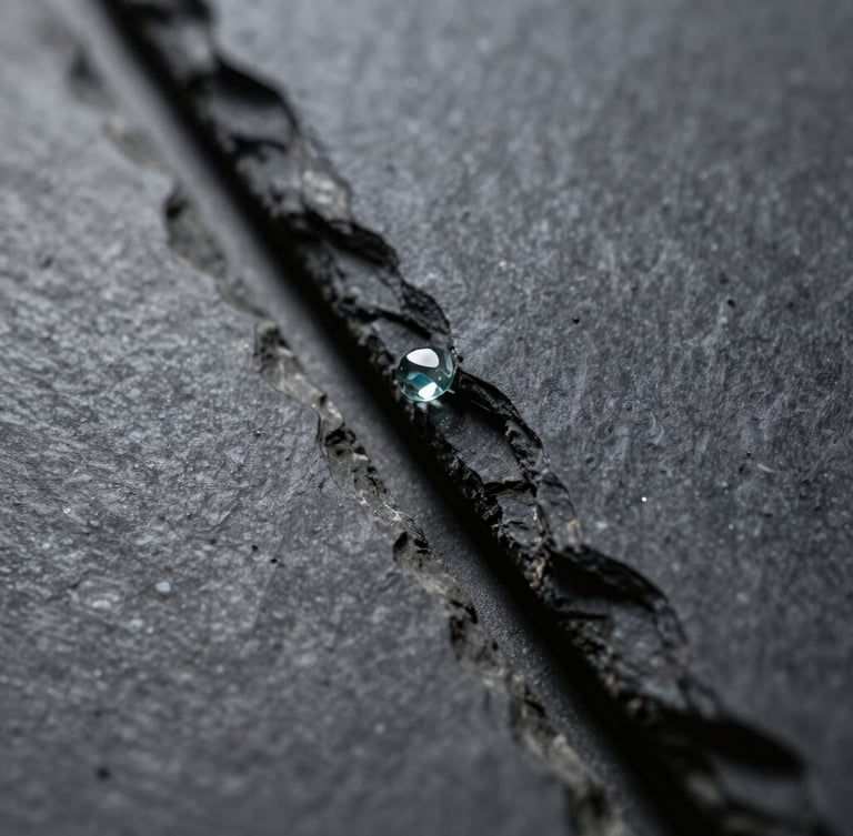 Extreme close-up of the intersection between polished dark slate and a rough, unrefined edge of cast glass, sharp chiaroscuro lighting, deep slate-grey tones.