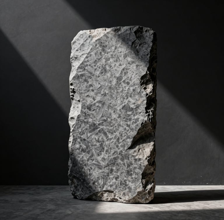Chiaroscuro study of a monolithic slate sculpture, sharp directional light casting dramatic geometric shadows on a dark wall.
