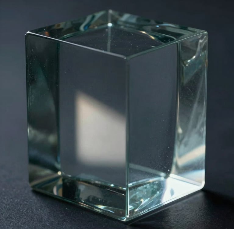 Extreme close-up of a monolithic block of solid cast glass, sharp chiaroscuro lighting, a single intense beam of light refracting through the thick glass, deep slate grey and midnight blue shadows, fine art aesthetic.