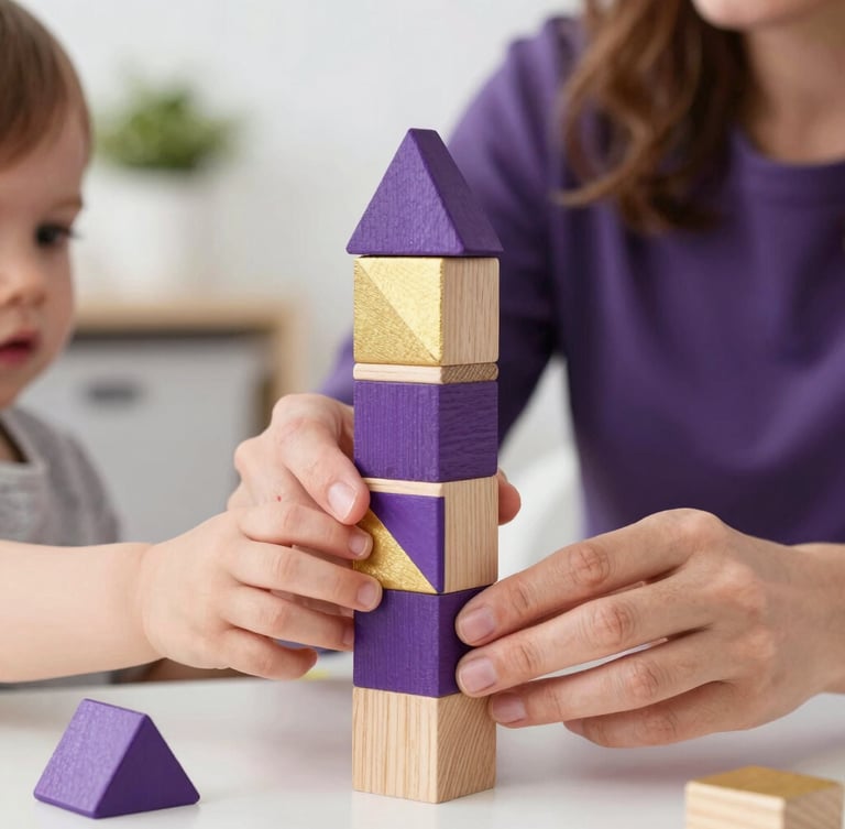 Close-up shot of a mother guiding her toddler's hands to stack geometric wooden blocks, bright natural daylight, clean classroom setting, focus on concentration